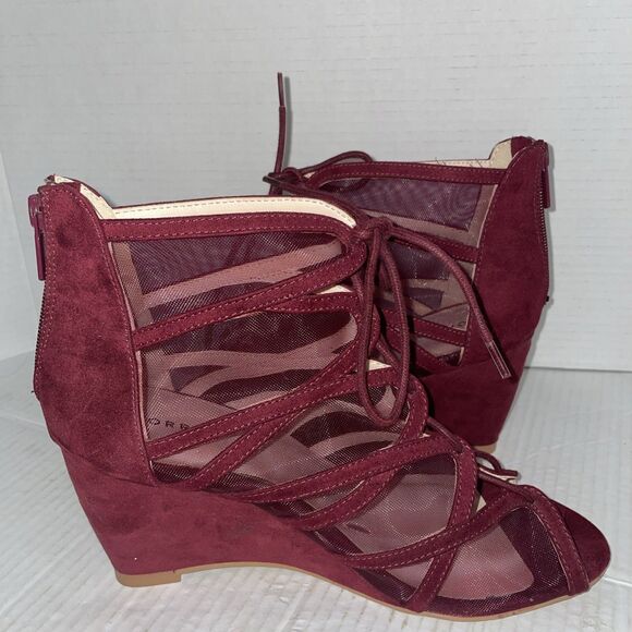 Torrid Sandals Womens 10W Burgundy Faux Suede Open Toe Lace Up Wedge Heel Zip Up - Picture 7 of 14